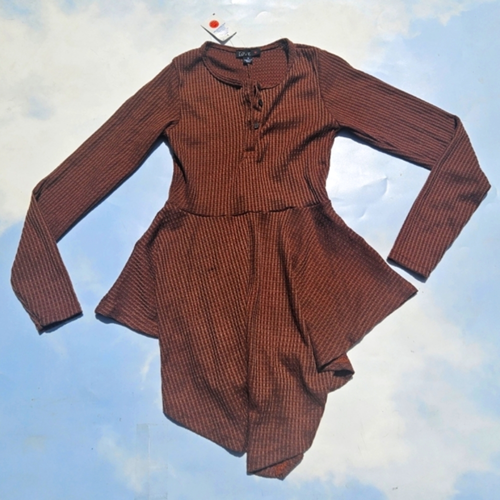 Waffle Knit Rust Peplum Feminine Sweater Blouse, Heneley Top Long Sleeve Peplum